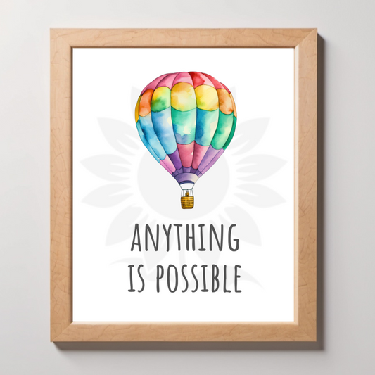 Mockup framed wall art featuring a vibrant hot air balloon with the text 'ANYTHING IS POSSIBLE.' The design is from Blossoming Minds, promoting limitless potential and positivity for children.